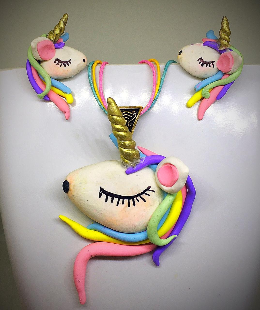 White Pink Blue Floral Polymer Clay Pendant And Earrings