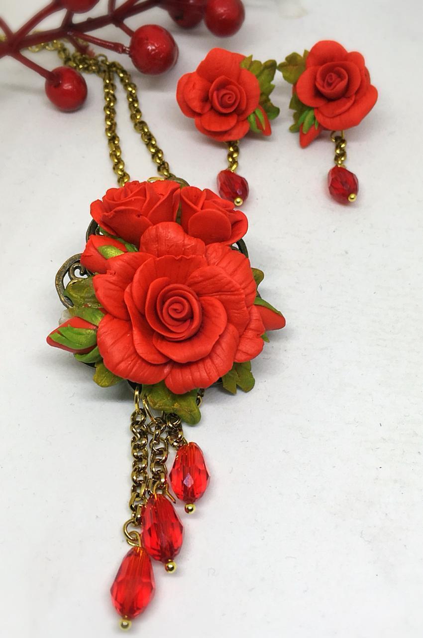 Scarlet Red With Green Floral Polymer Clay Pendant And Earrings