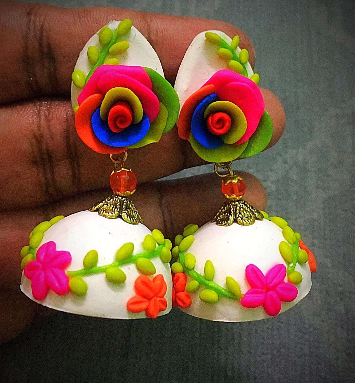 Multi Color Rose Polymer Clay Jhumka
