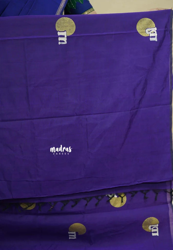Violet Purple - Aathini - Tamizh Words Handblock Printed Bamboo Cotton Saree with Double Blouse Combo