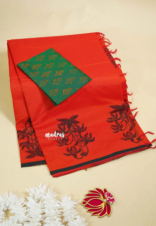 Neon Orange - Ambigai polycotton Saree with contrast blouse combo