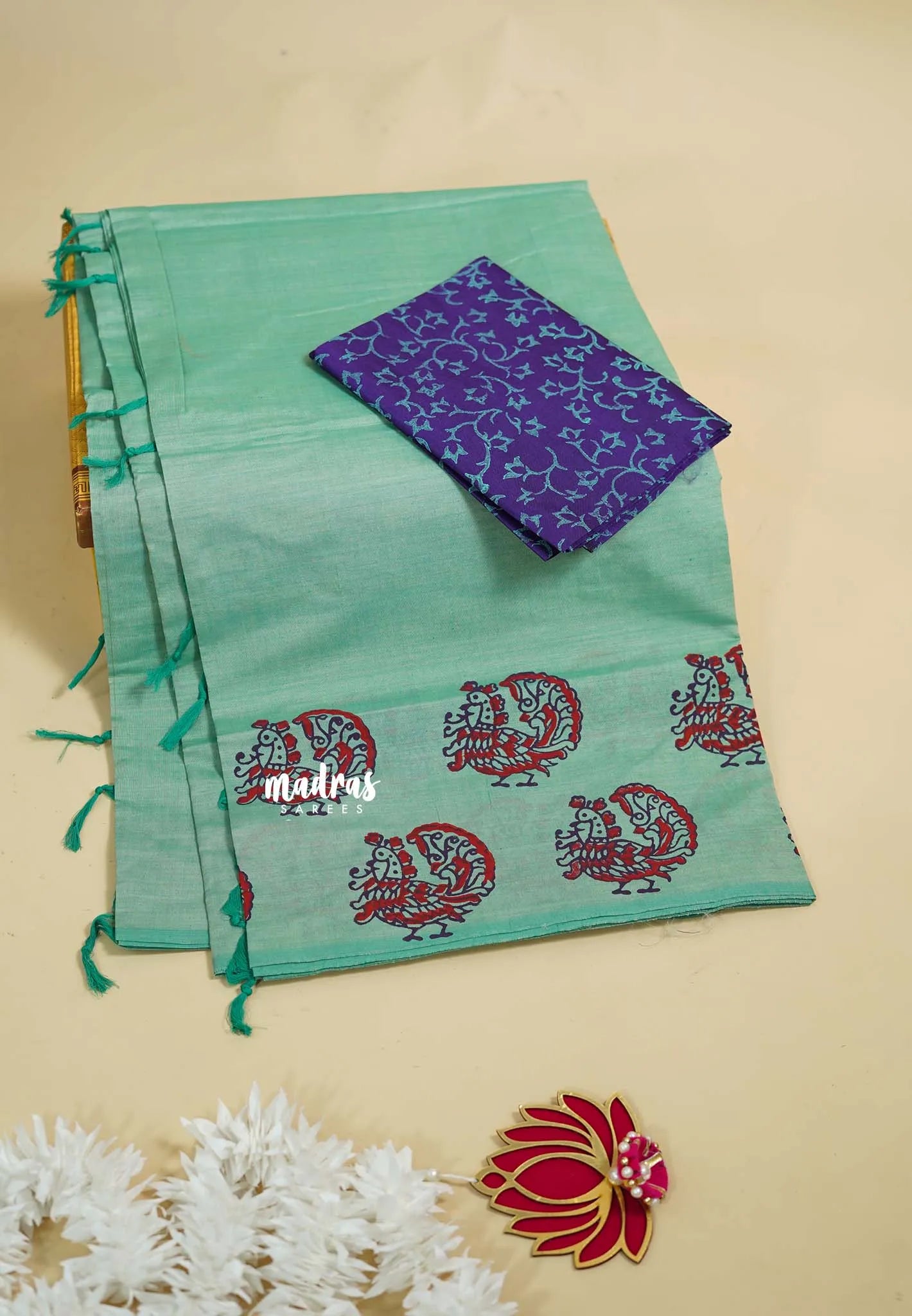 Mint Green - Ambigai polycotton Saree with contrast blouse combo