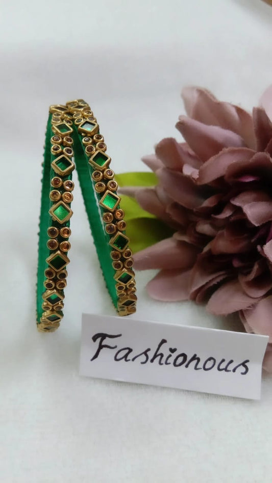Green Heavy Work Embellished Silk Thread Kundhan Bangles - BNG005