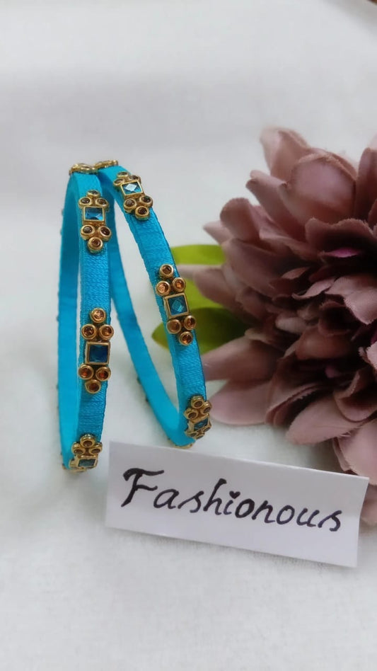 Blue Embellished Silk Thread Kundhan Bangles - BNG006
