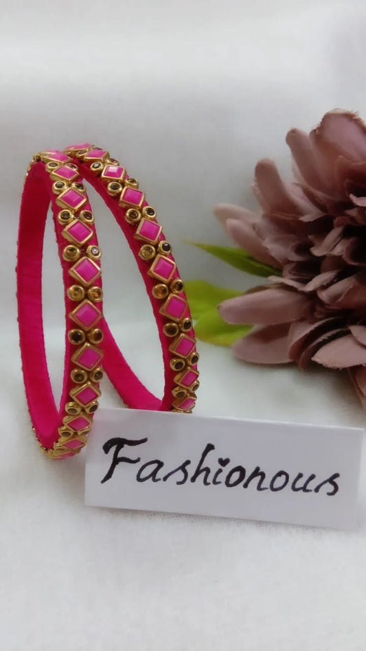 Pink Stone Embellished Silk Thread Kundhan Bangles - BNG013