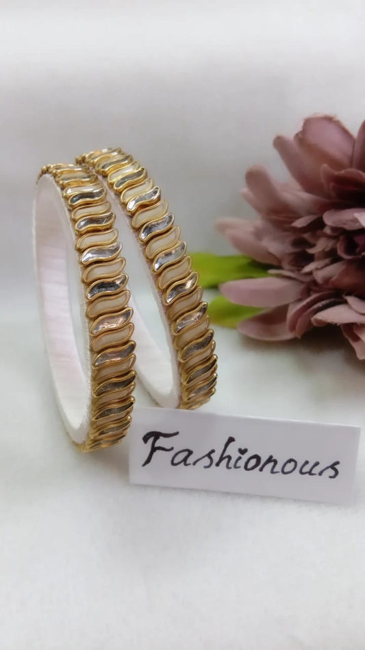 Gilded Arch: Curvy Golden Kundhan Bangle - BNG041