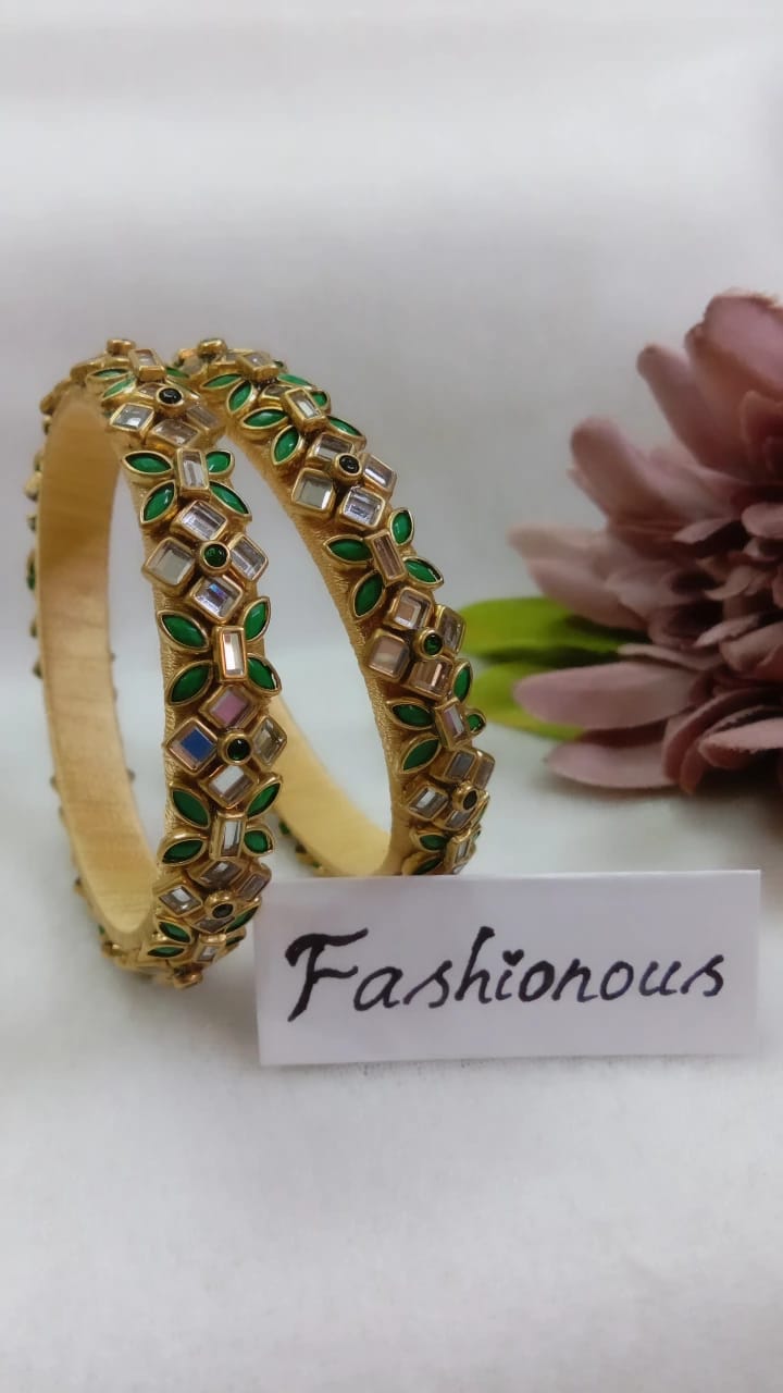 Jade Jasmine: Green & White Floral Kundhan Bangle - BNG043