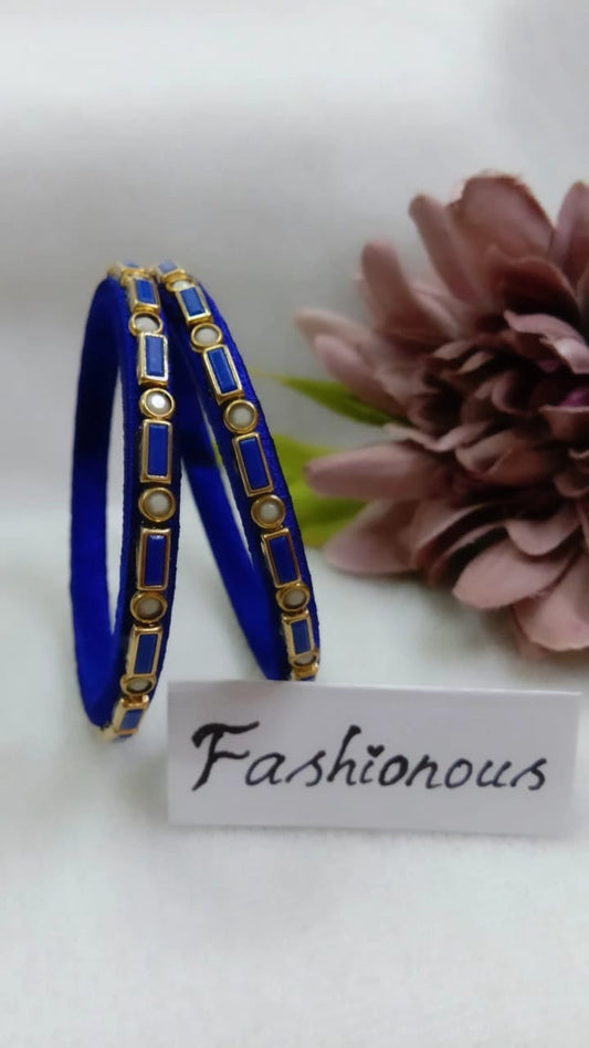 Blue Silkthread Kundhan Bangle with Square Dots - BNG022