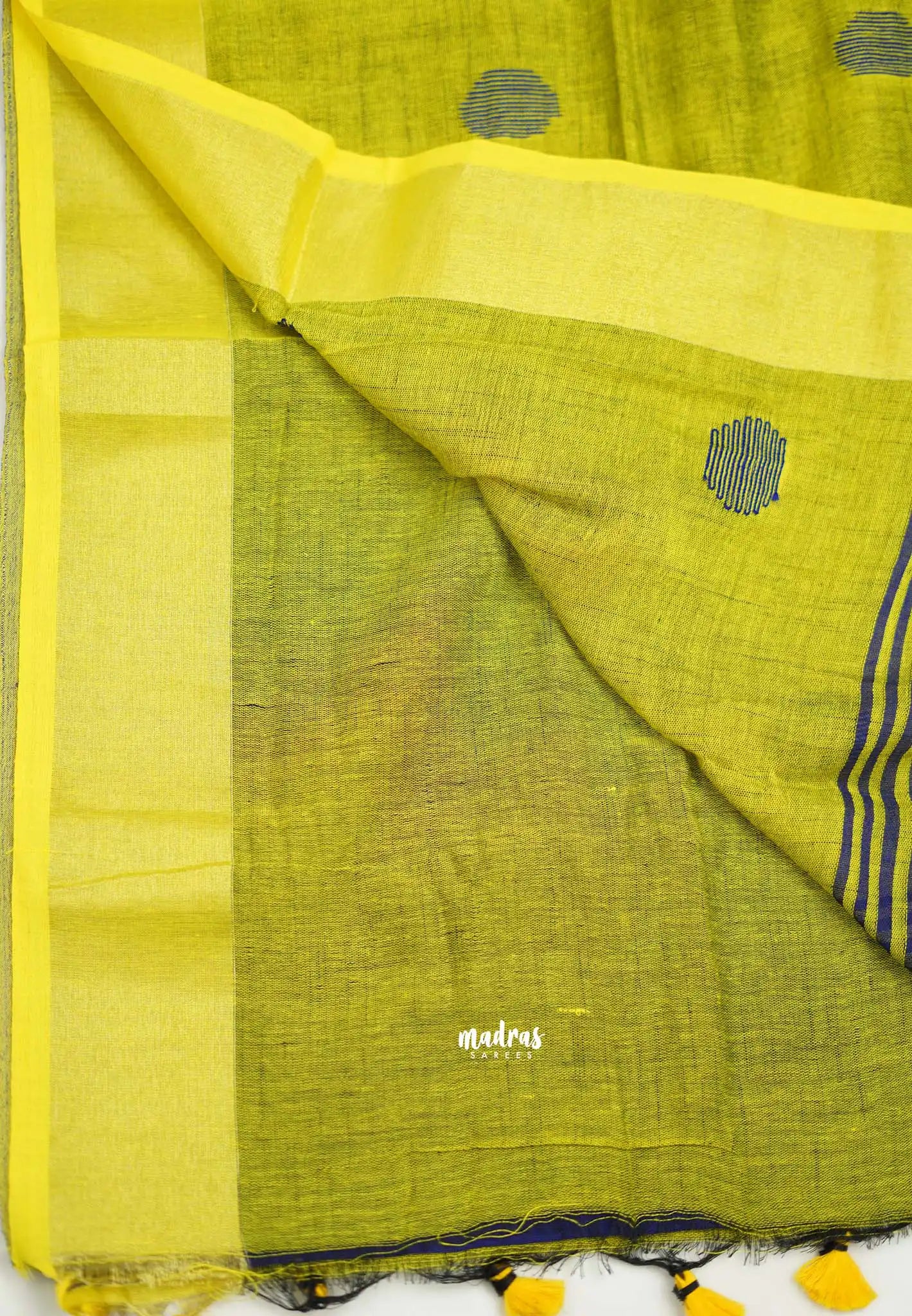 kannamma Handwoven Ballbutta linen Blue with yellow pallu - Madras Sarees 