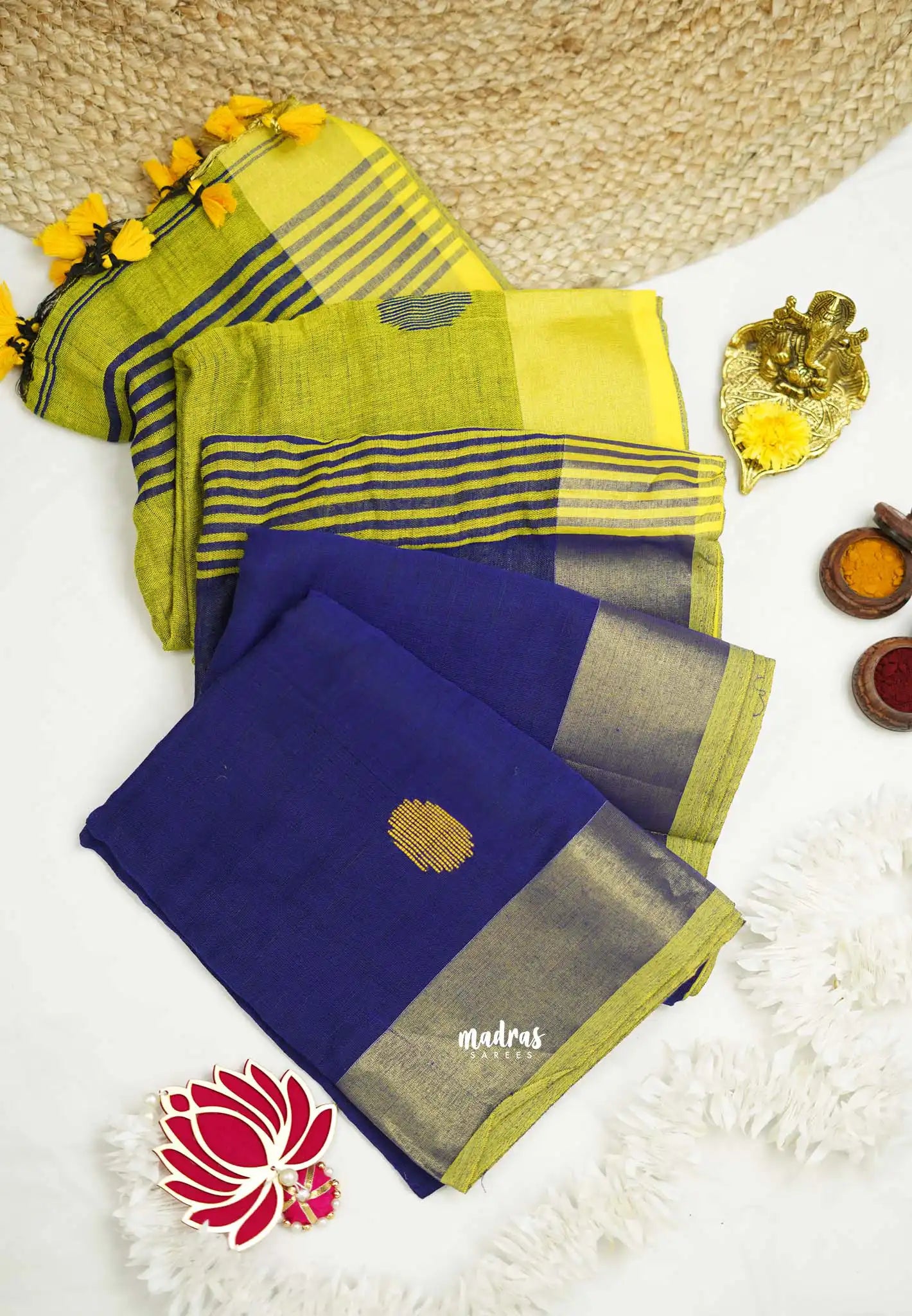 kannamma Handwoven Ballbutta linen Blue with yellow pallu - Madras Sarees 