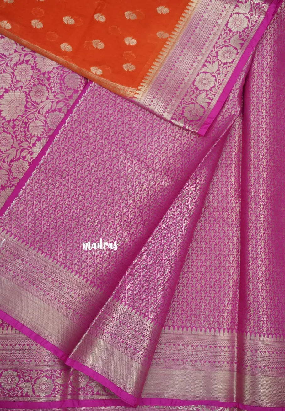 Sunset Bloom - Durga - Banarasi Soft Cotton Silk Saree Silver Zari and Gold Zari Border - Best for Function Wear