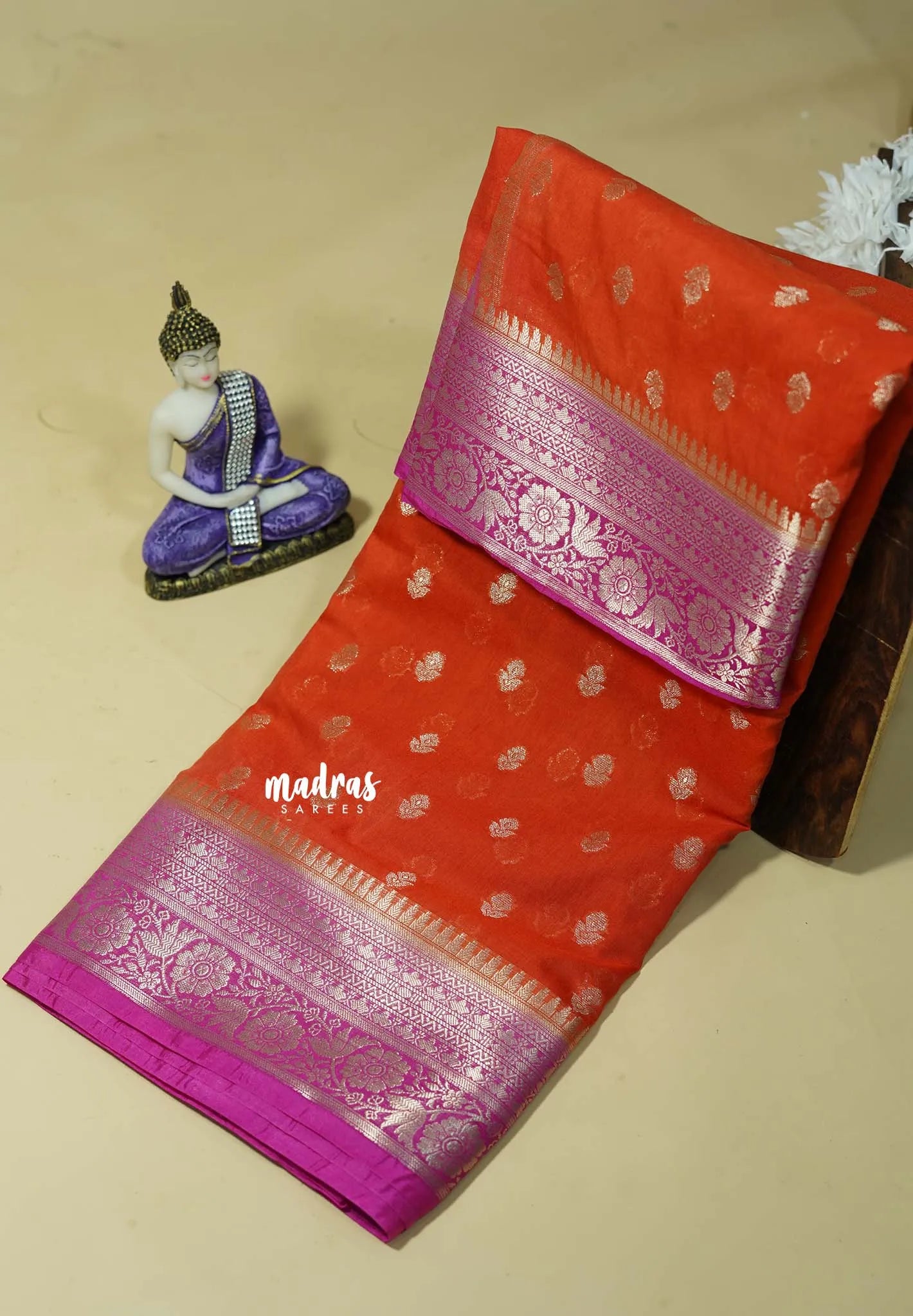 Sunset Bloom - Durga - Banarasi Soft Cotton Silk Saree Silver Zari and Gold Zari Border - Best for Function Wear