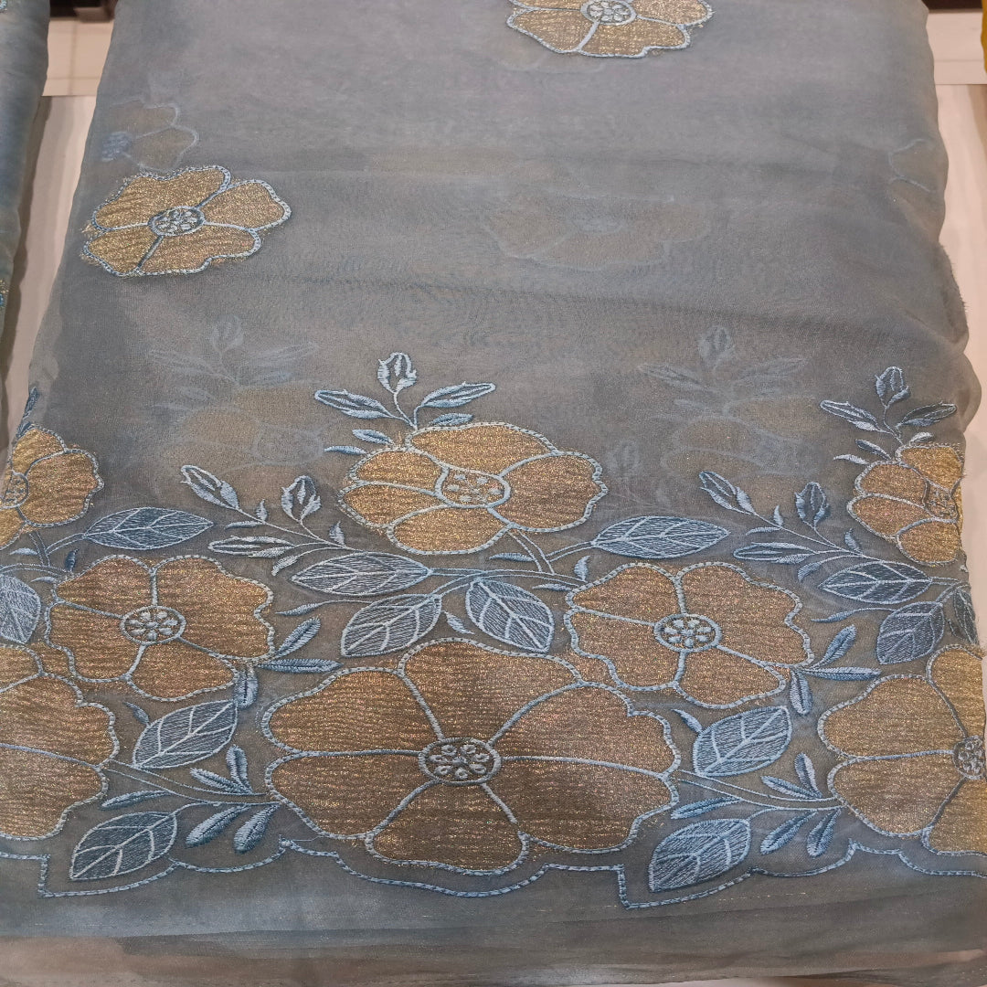 Blue Organza With Border Fabric