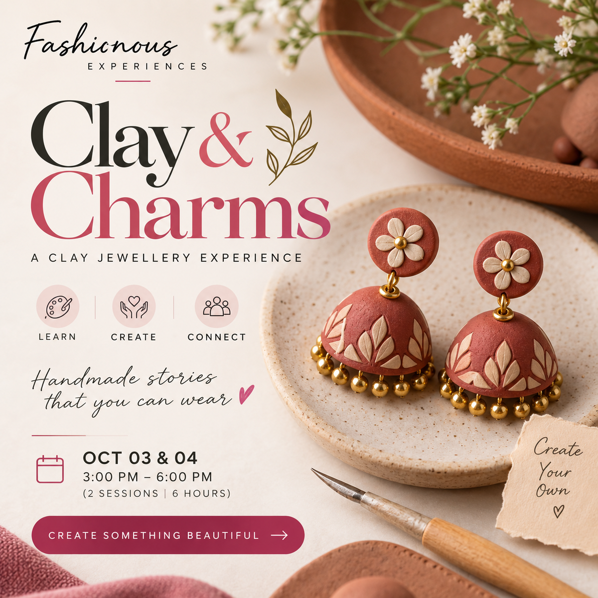 Promotional graphic for a Clay & Charms clay jewellery experience, featuring two decorated clay earrings with workshop details and tools around them.