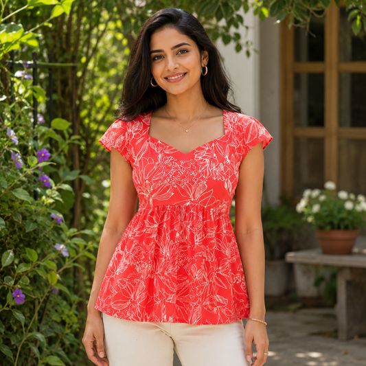 Fashionous Coral Bloom Peplum Top – Floral Print Cotton Top 🌺