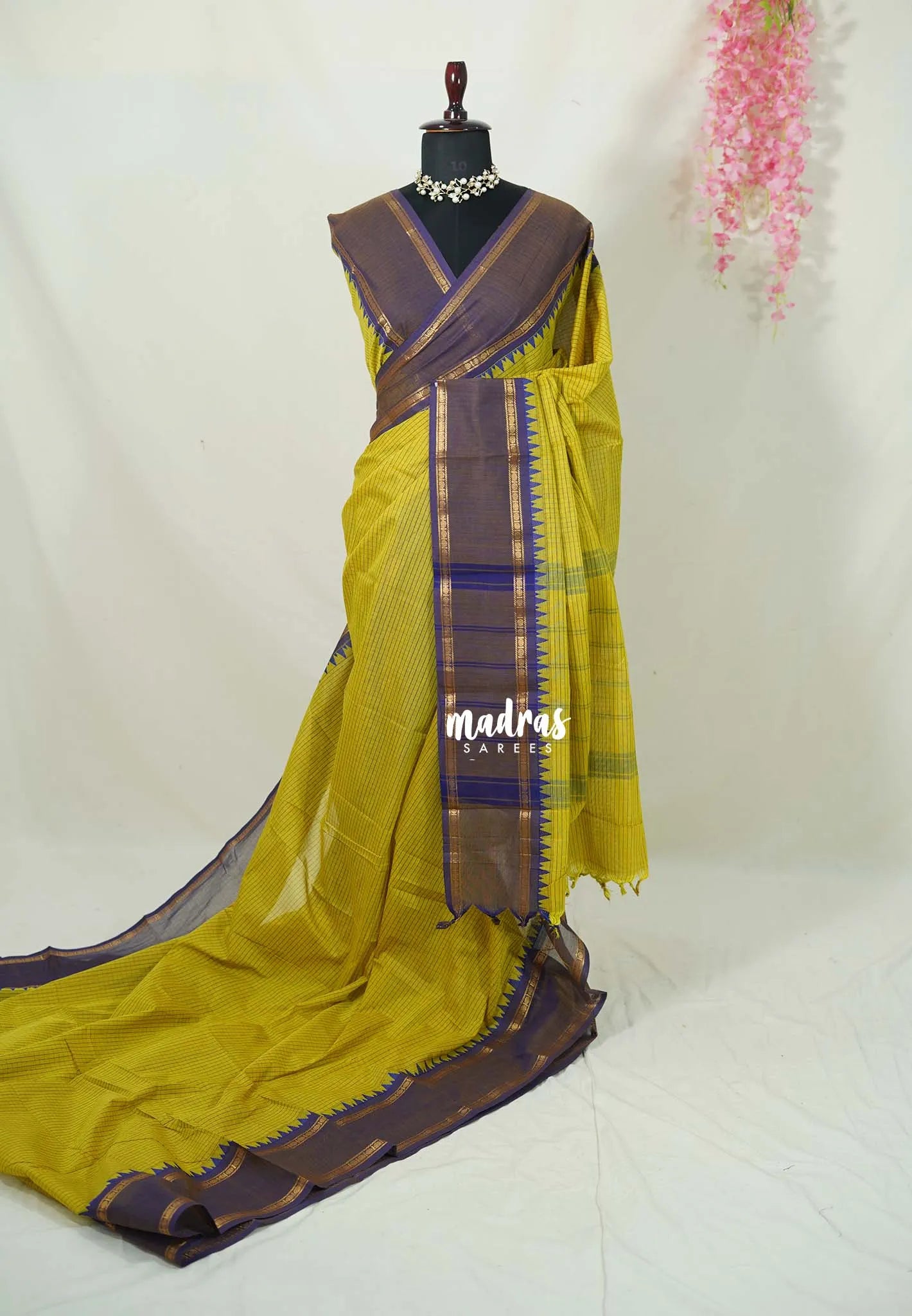 Greenish Yellow -  Karthigai silk cotton Saree rettapeta border with muthu kattam