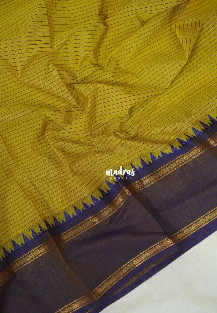 Greenish Yellow -  Karthigai silk cotton Saree rettapeta border with muthu kattam