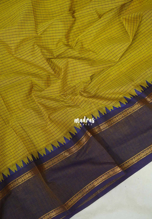 Greenish Yellow -  Karthigai silk cotton Saree rettapeta border with muthu kattam