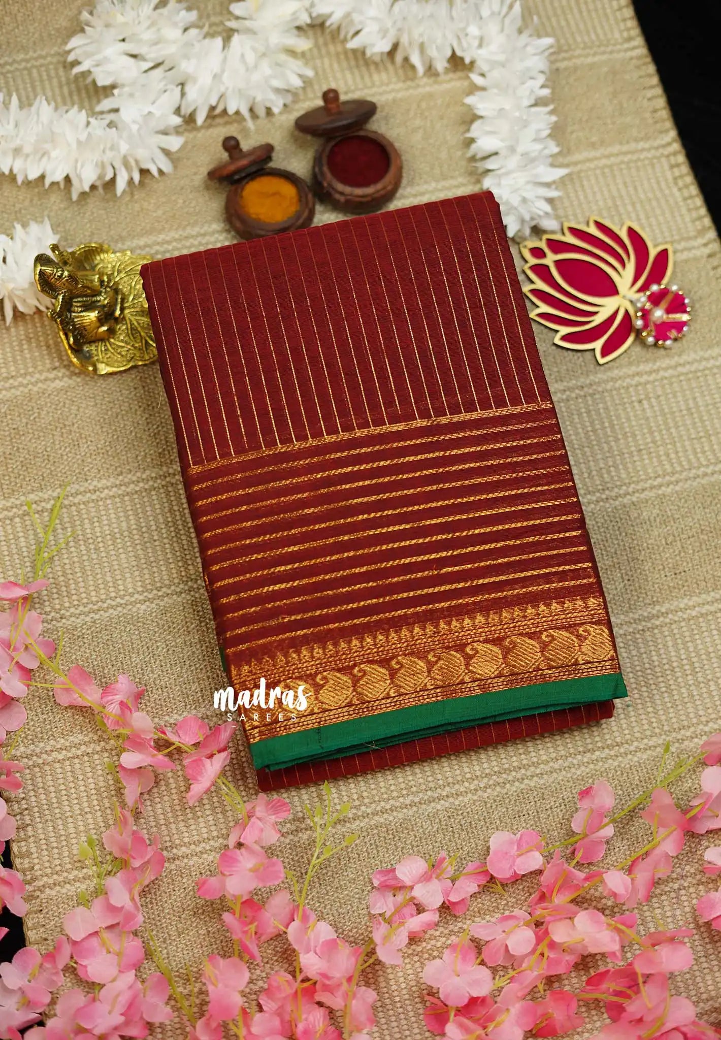 Karthigai silk cotton with golden stripes weaving meroon - Madras Sarees 