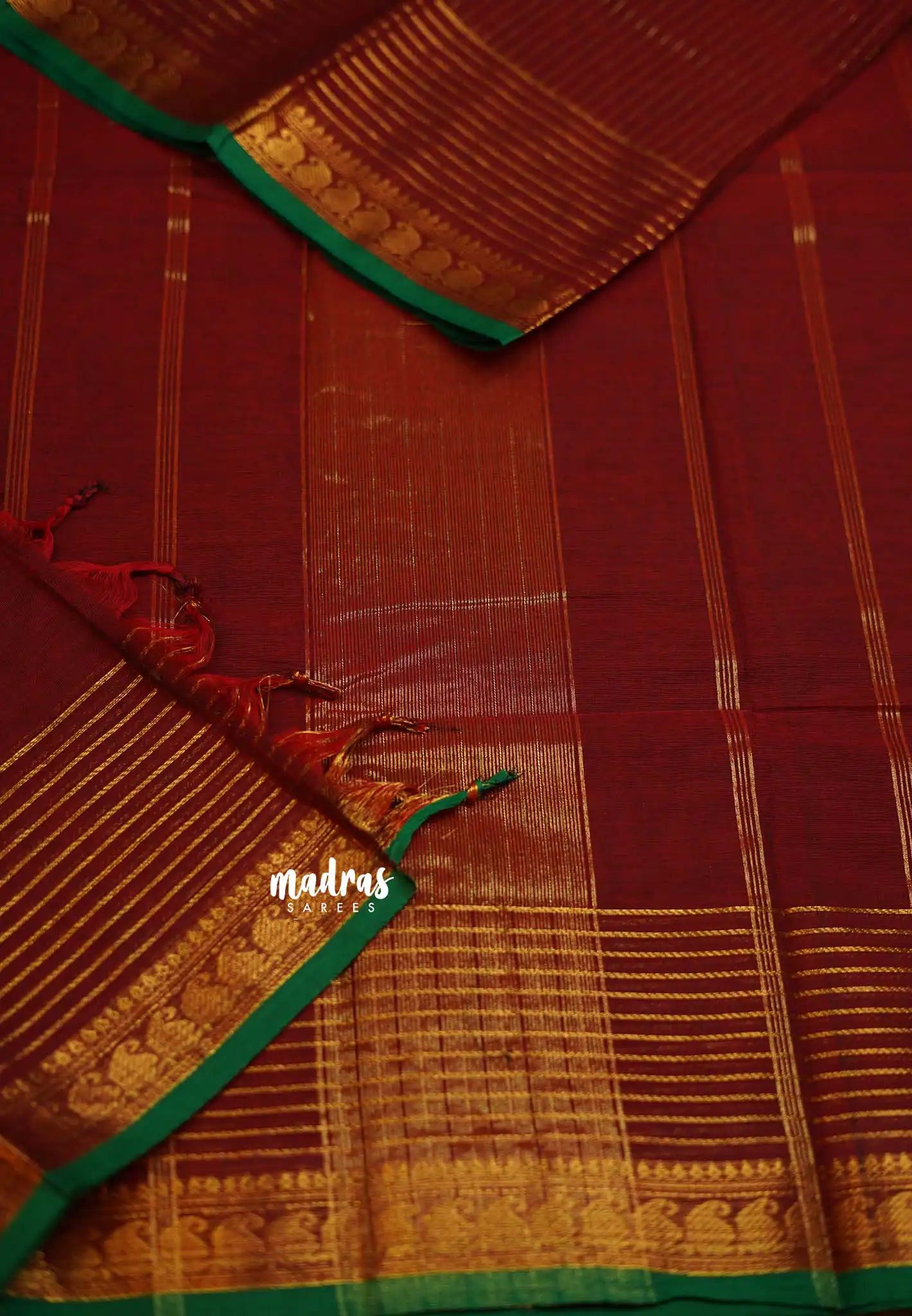 Karthigai silk cotton with golden stripes weaving meroon - Madras Sarees 