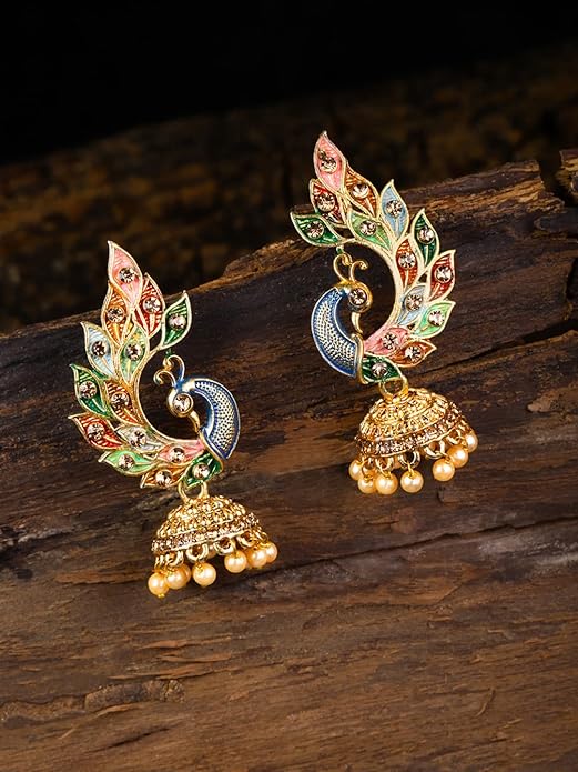 Pretty Peacock Jhumka with artificial stones - DWER005