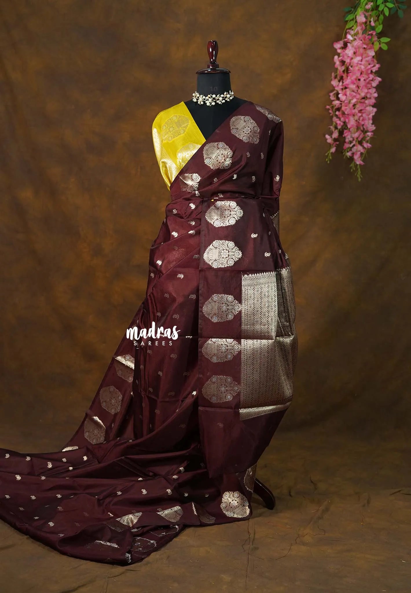 Coffee Brown - Vasantha Raagam - Banarasi mashru Silk cotton Saree with Antique Zari Border and buttas - Perfect for Wedding Wear
