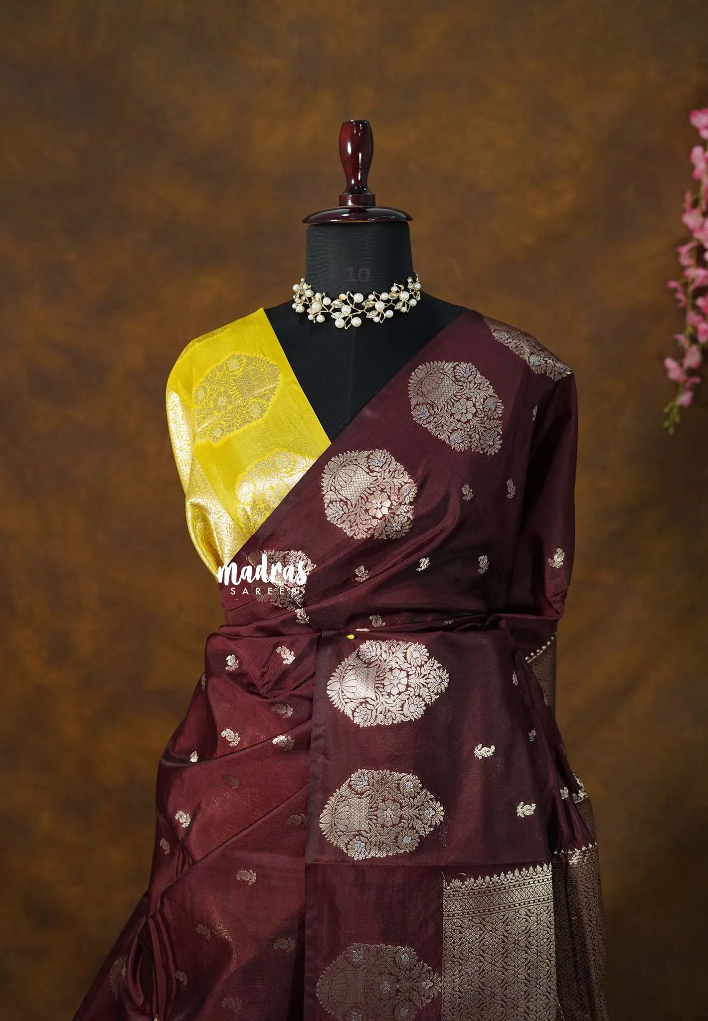 Coffee Brown - Vasantha Raagam - Banarasi mashru Silk cotton Saree with Antique Zari Border and buttas - Perfect for Wedding Wear