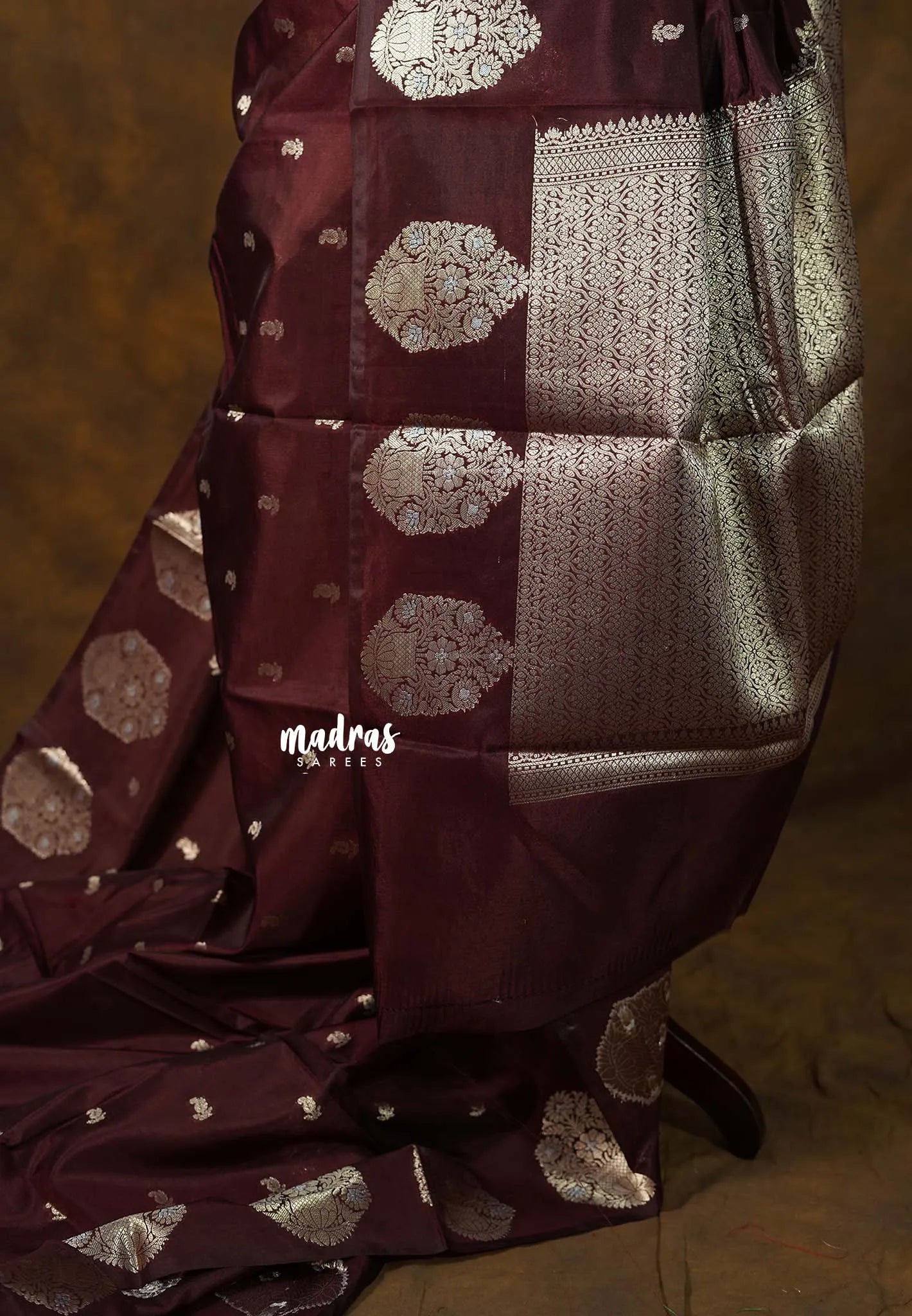 Coffee Brown - Vasantha Raagam - Banarasi mashru Silk cotton Saree with Antique Zari Border and buttas - Perfect for Wedding Wear