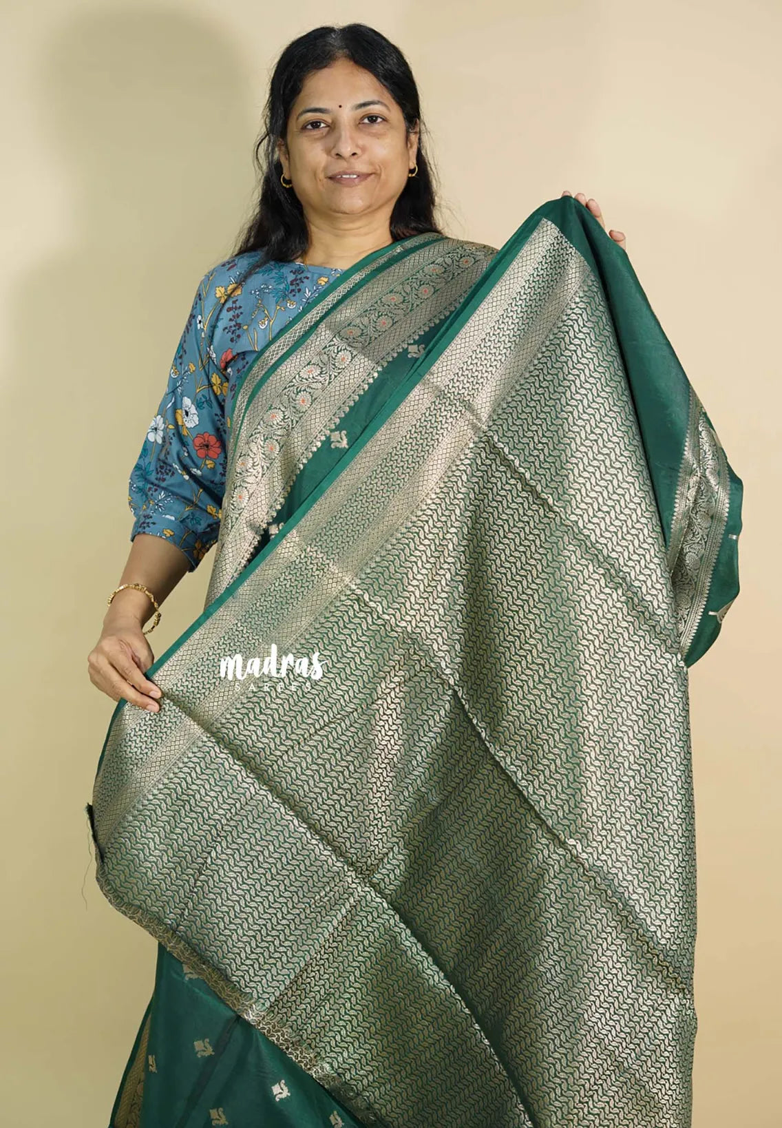 Emerald Green - Durga banarasi mashru silkcotton Saree with antique zari border and buttas