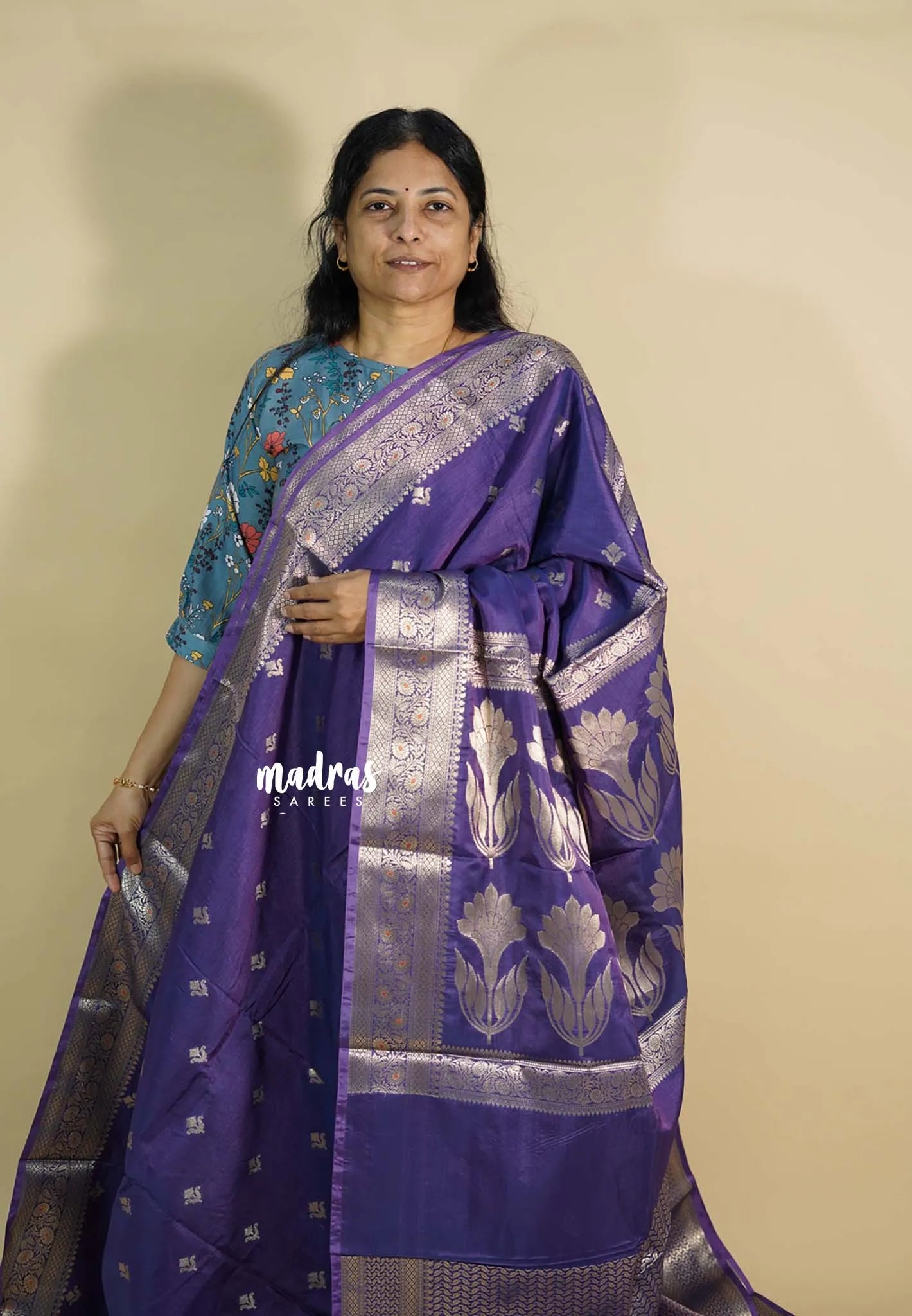 Lavender Purple - Durga banarasi mashru silkcotton Saree with antique zari border and buttas