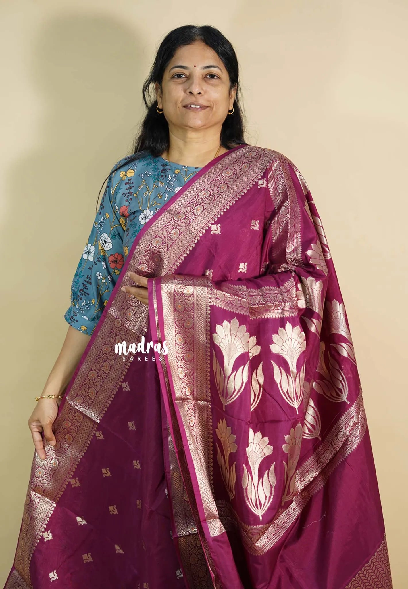 Wine red - Durga banarasi mashru silk blend Saree  with antique zari border and buttas