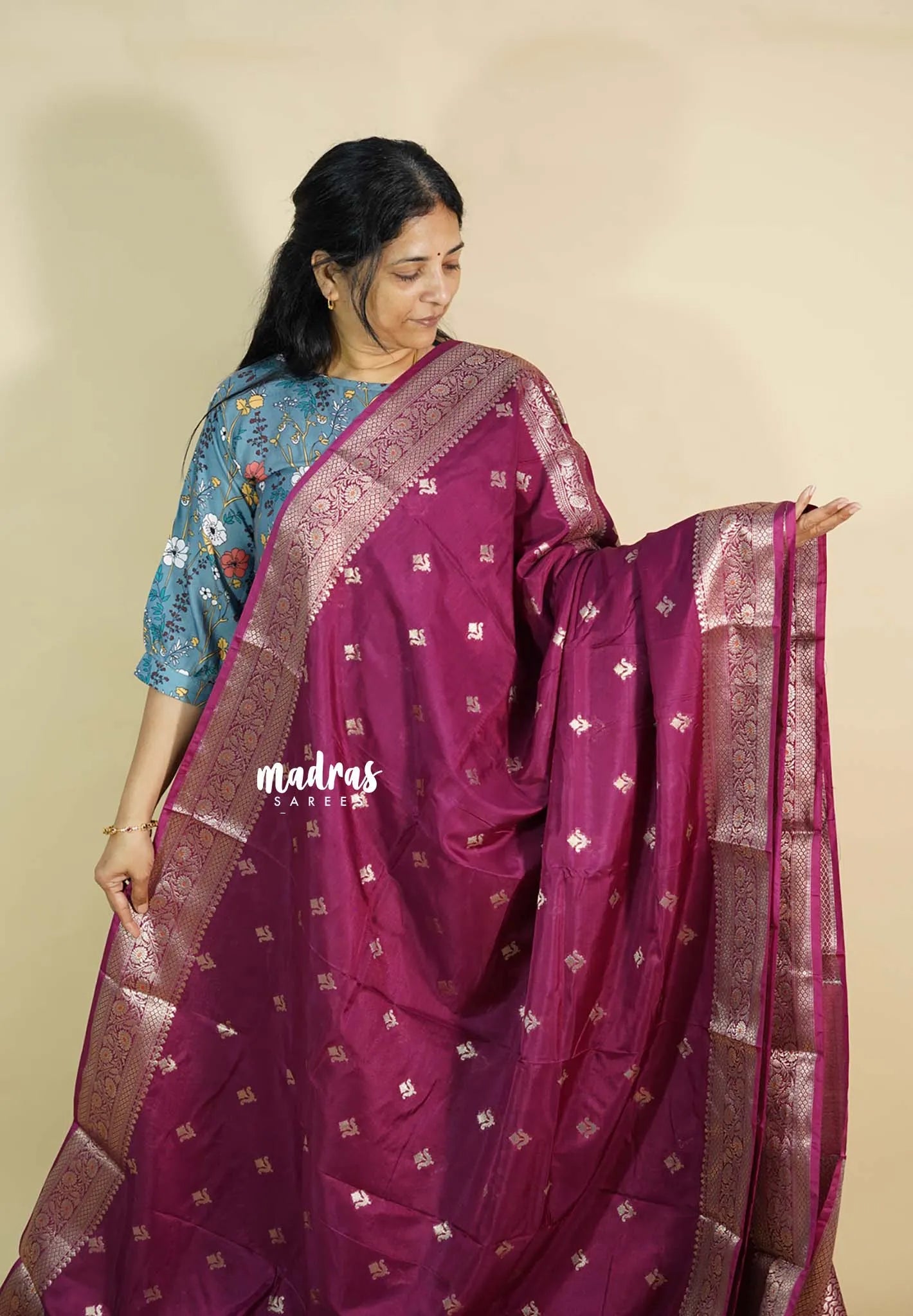 Wine red - Durga banarasi mashru silk blend Saree  with antique zari border and buttas