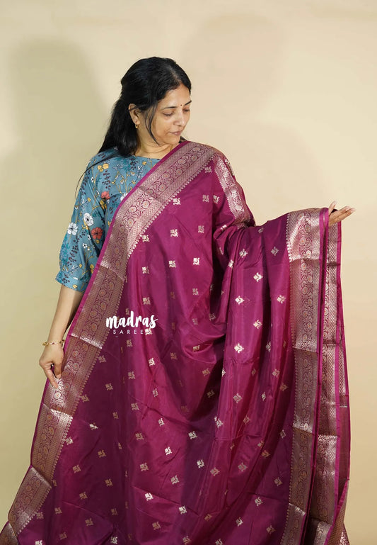 Wine red - Durga banarasi mashru silk blend Saree  with antique zari border and buttas