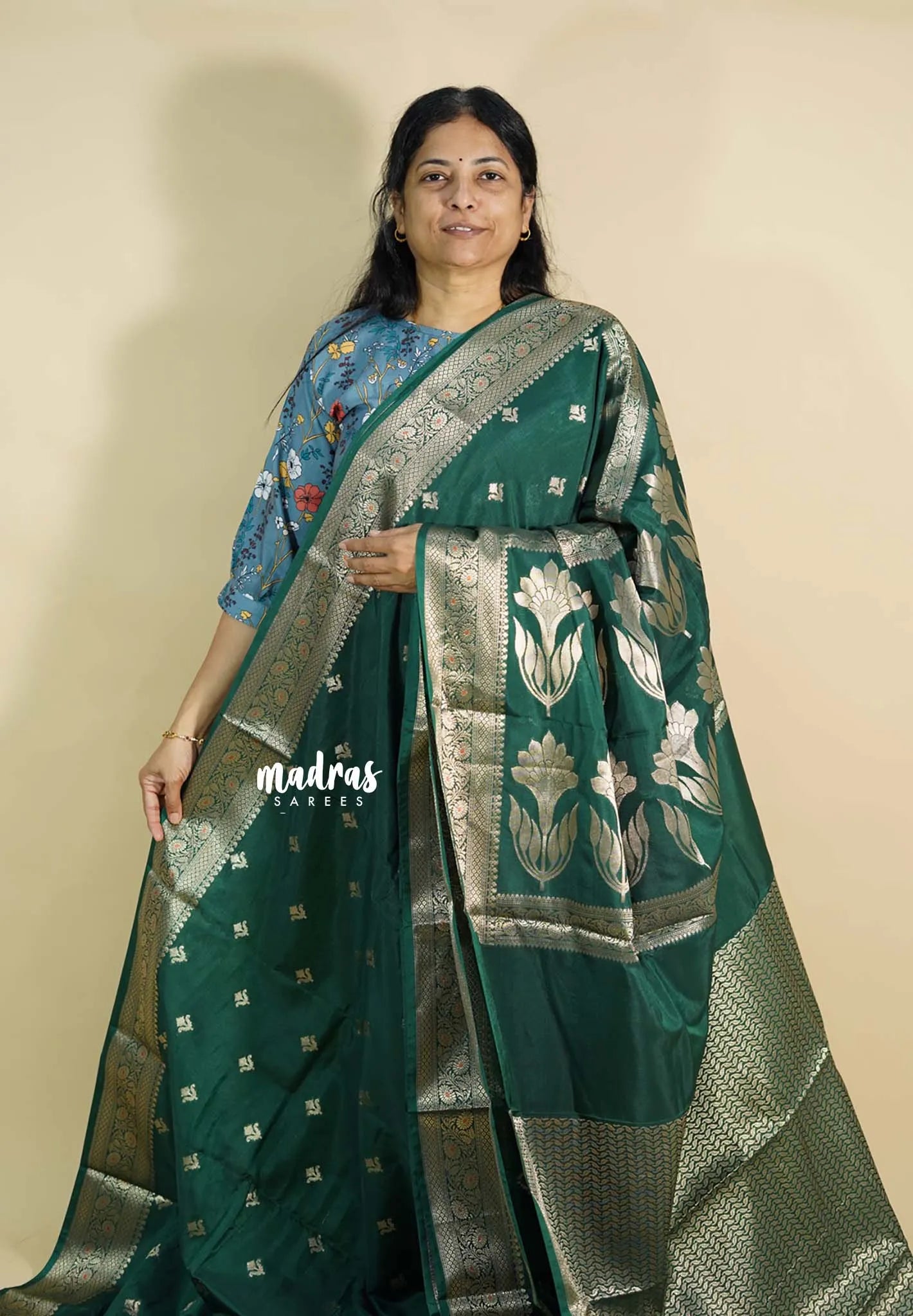 Emerald Green - Durga banarasi mashru silkcotton Saree with antique zari border and buttas