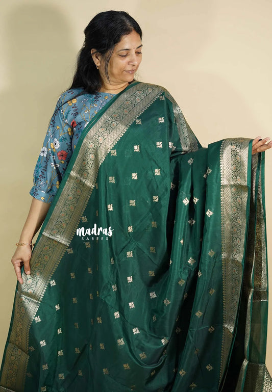 Emerald Green - Durga banarasi mashru silkcotton Saree with antique zari border and buttas