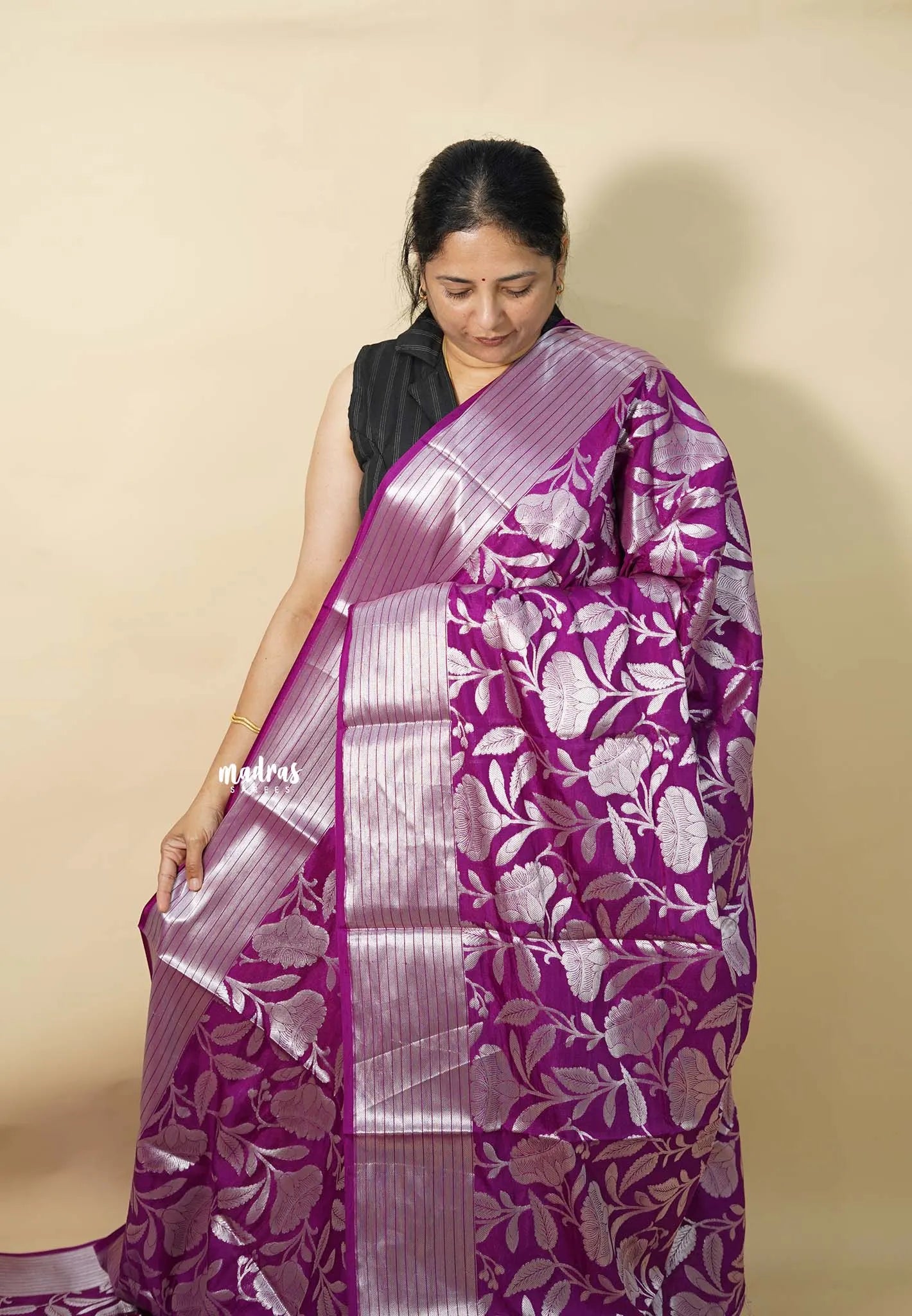 Magenta Purple - Durga - Banarasi soft Cotton silk Saree zari Floral weaving with Zari Border