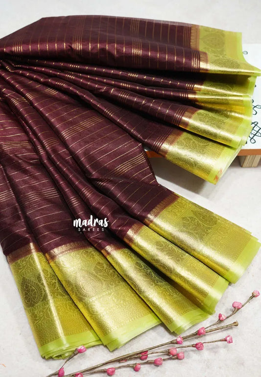Coffee Brown Glow with Green - Durga - Banarasi soft cotton silk Saree