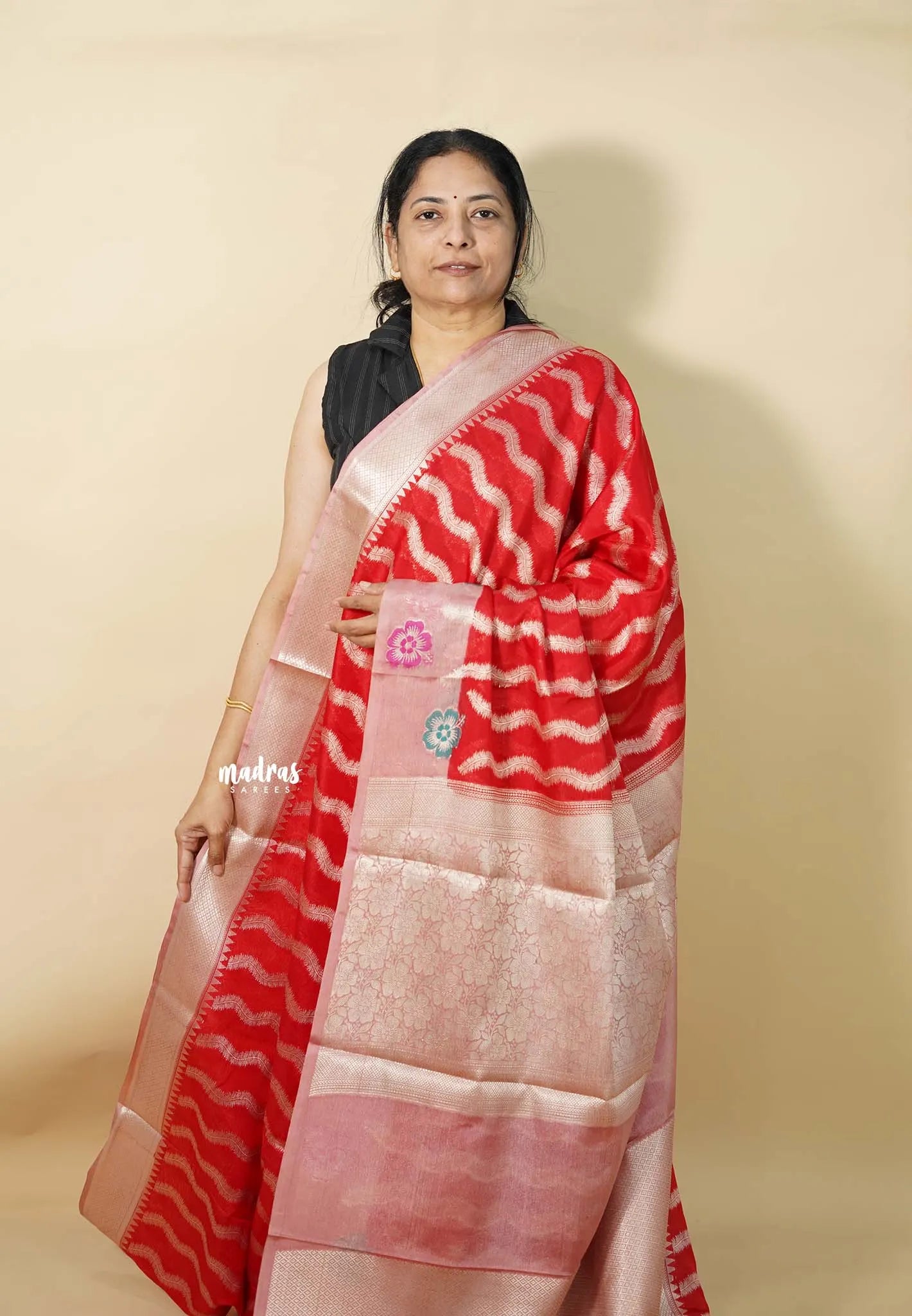 Classic Rich Red - Durga - Banarasi soft cotton silk Saree zari weaving with Zari Border