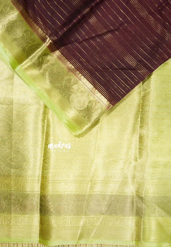 Coffee Brown Glow with Green - Durga - Banarasi soft cotton silk Saree