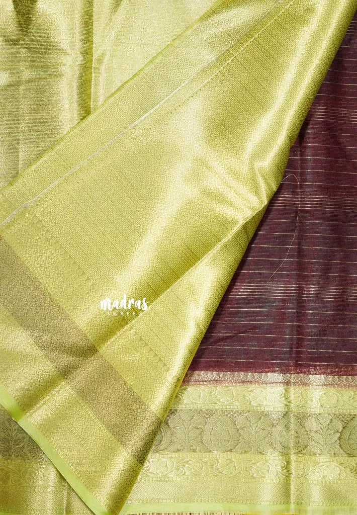 Coffee Brown Glow with Green - Durga - Banarasi soft cotton silk Saree