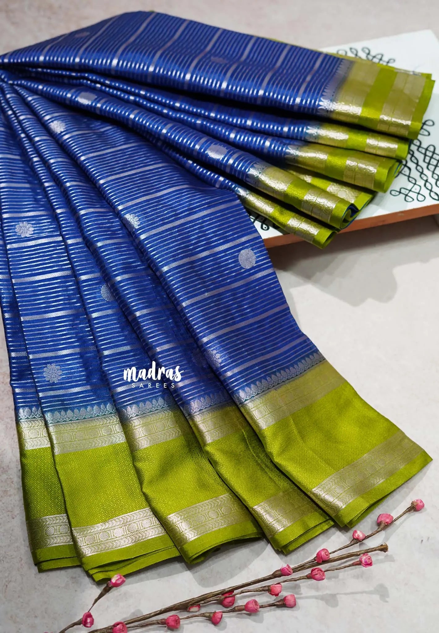 Royal Blue - Durga- Banarasi soft Cotton silk Saree zari lines weaving with rettapet border