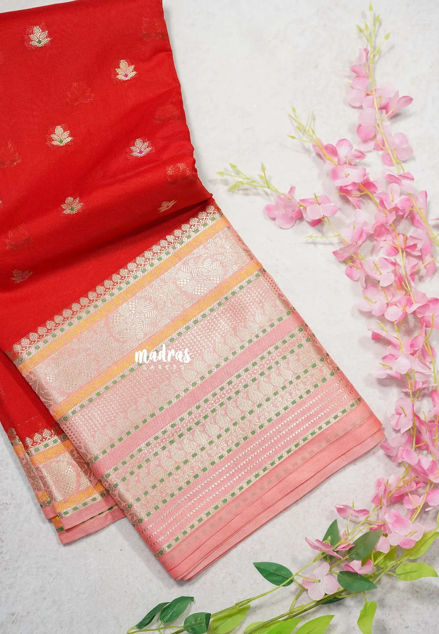 Classic Rich Red with Melon Peach - Durga - Banarasi Soft cotton Silk Saree with Big multi mango Border - Best for Festive Wear | Temple visit |