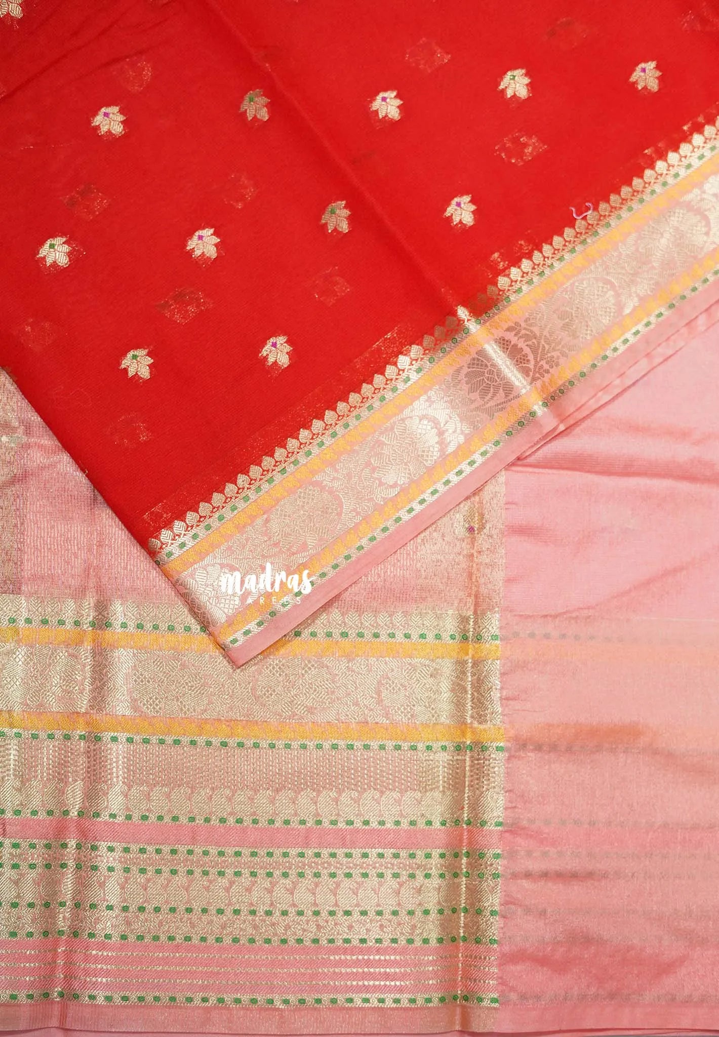 Classic Rich Red with Melon Peach - Durga - Banarasi Soft cotton Silk Saree with Big multi mango Border - Best for Festive Wear | Temple visit |