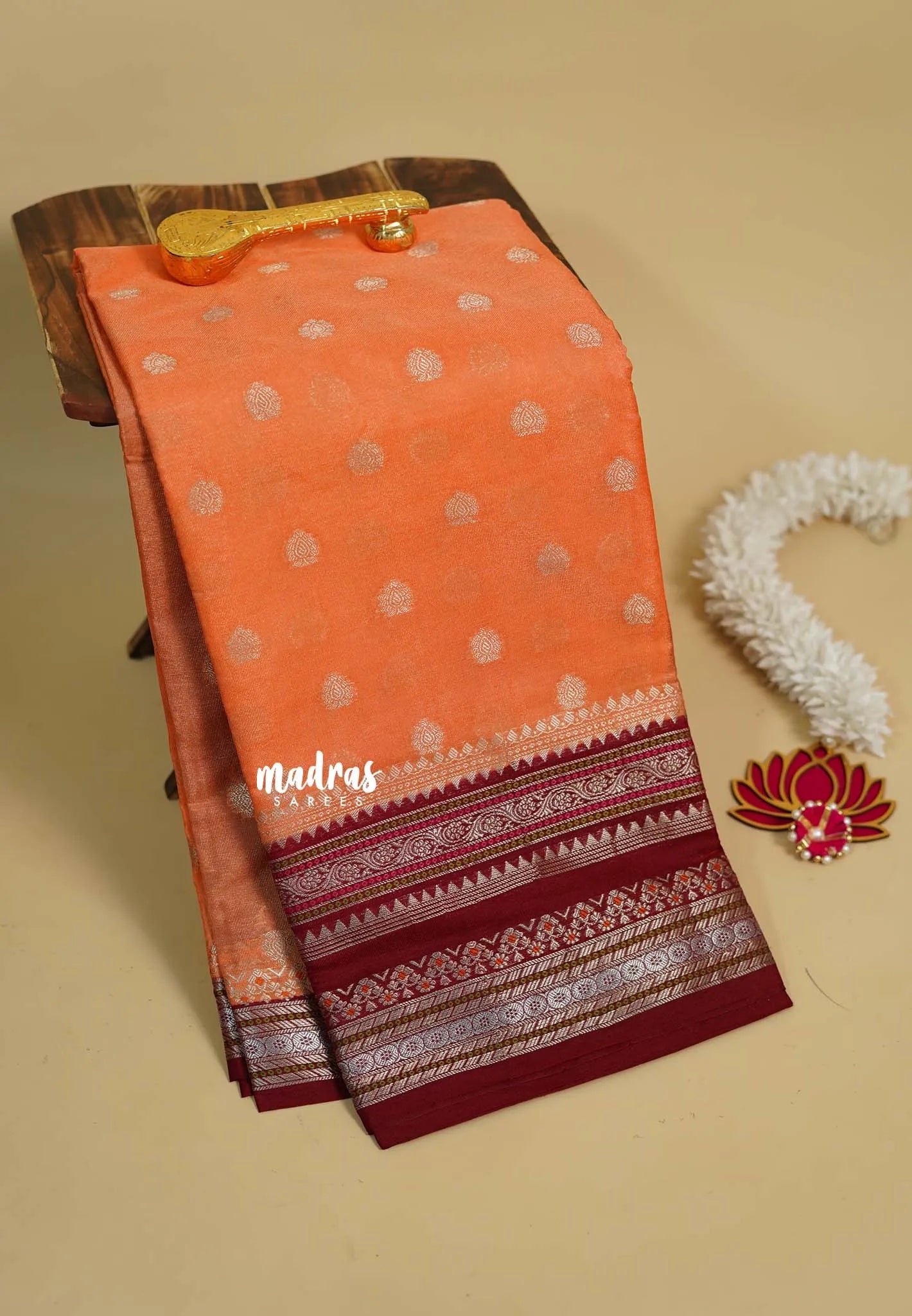 Peach Orange - Durga - Banarasi soft Cotton silk Saree with zari border