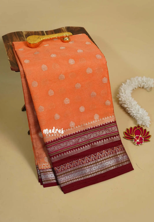 Peach Orange - Durga - Banarasi soft Cotton silk Saree with zari border