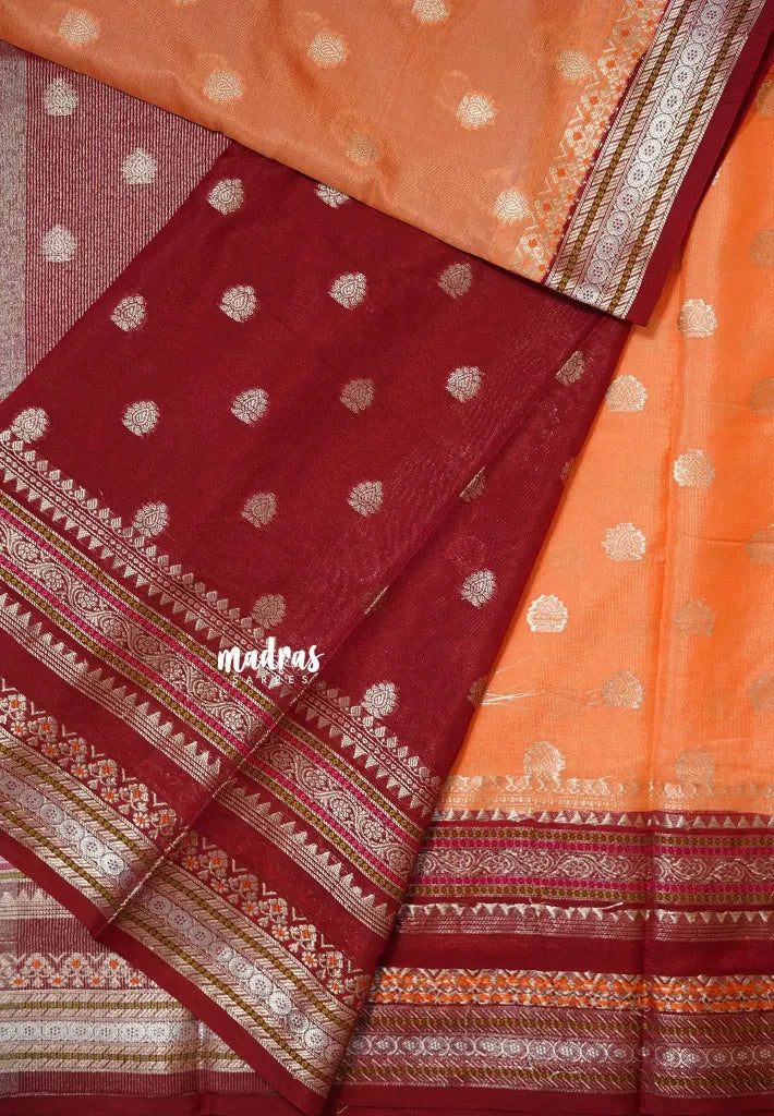 Peach Orange - Durga - Banarasi soft Cotton silk Saree with zari border