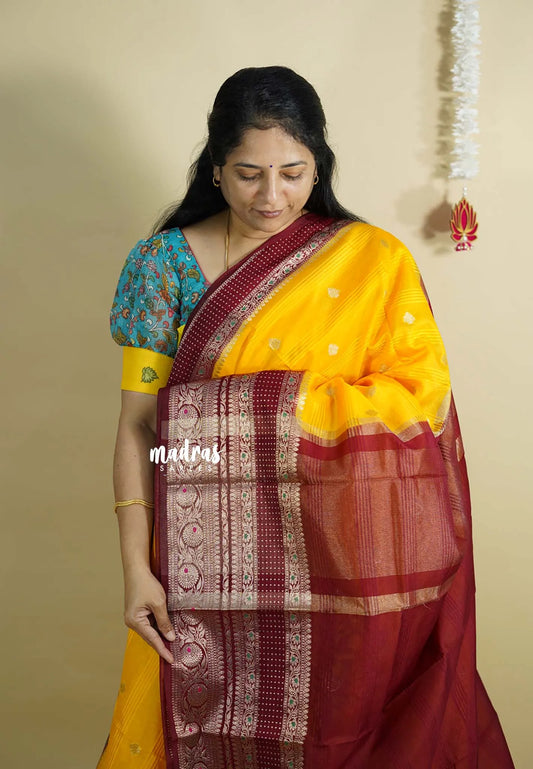 Mango Yellow - Durga - Banarasi soft warm silk cotton Saree with zari border