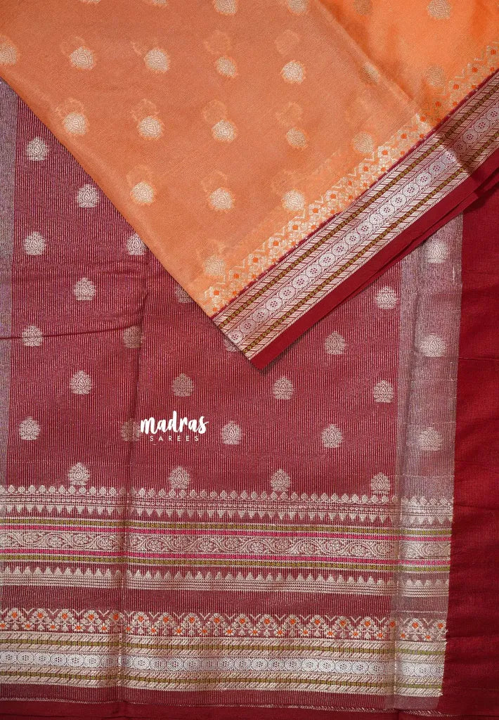 Peach Orange - Durga - Banarasi soft Cotton silk Saree with zari border