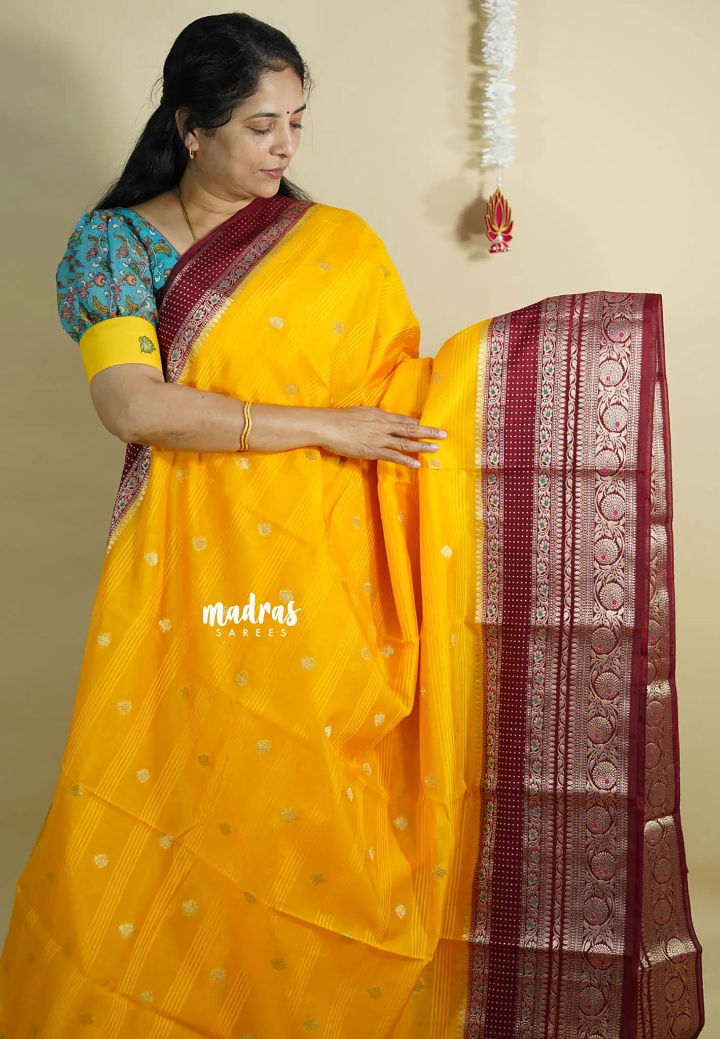 Mango Yellow - Durga - Banarasi soft warm silk cotton Saree with zari border