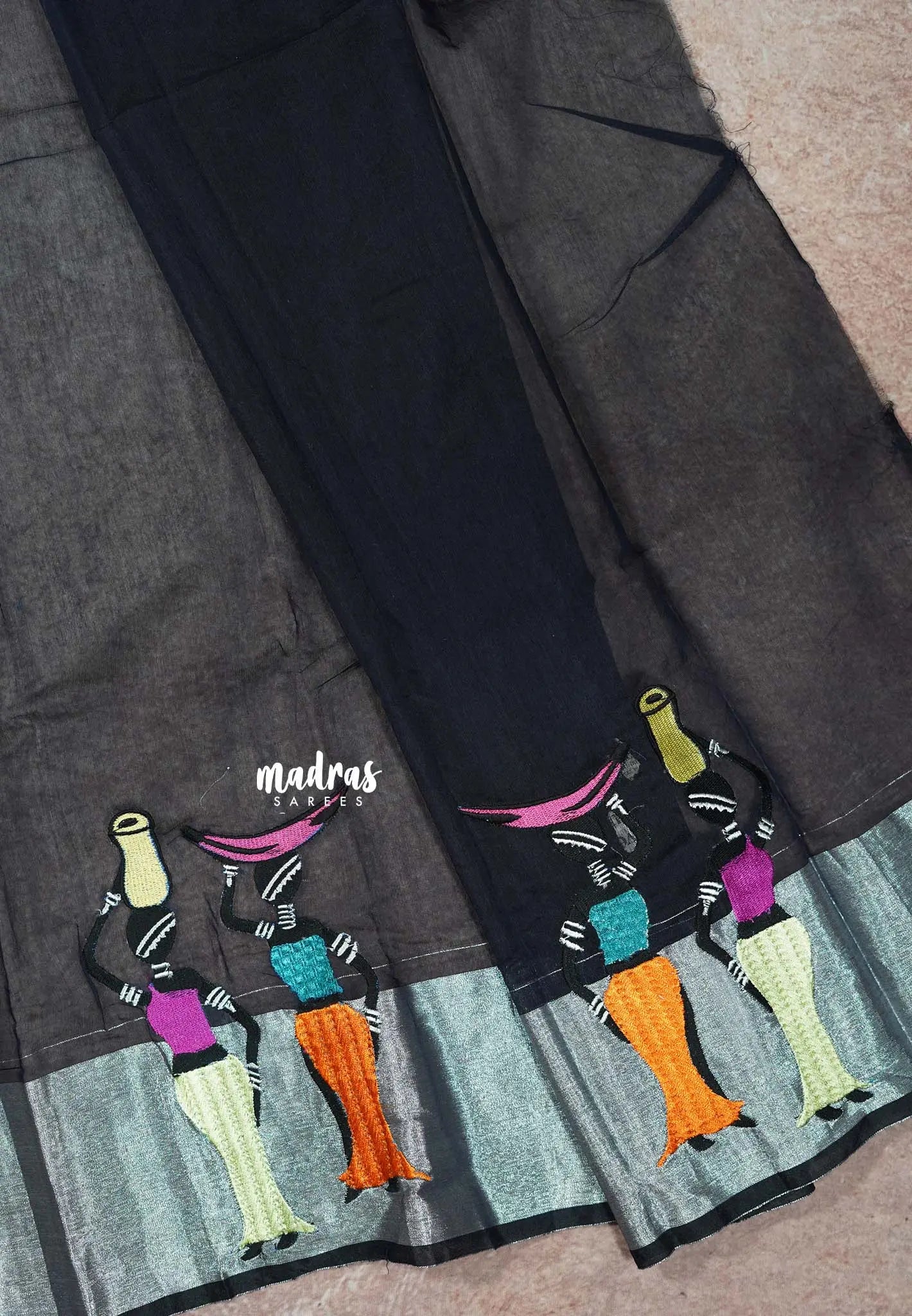 Midnight Blue - Fancy Cotton Saree with Village Folk Art Motif embroidery Blouse